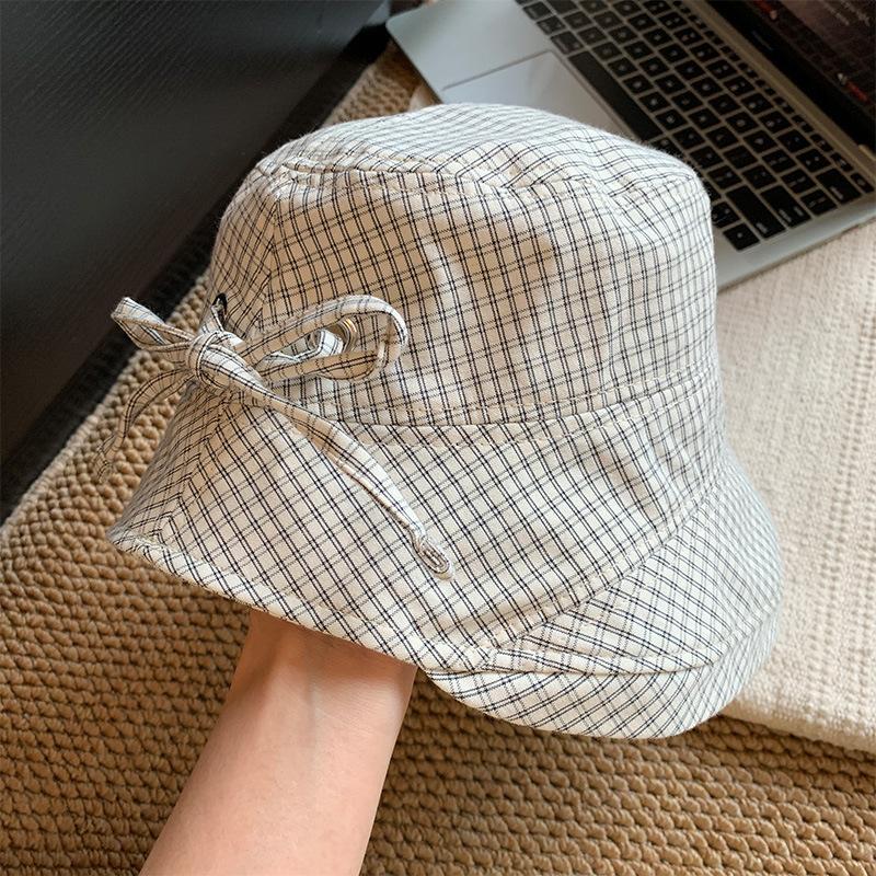 Retro Plaid Bucket Hat Women's Summer Thin Breathable Sunshade Sunscreen Hat Showing Face Small Versatile Sun Hat
