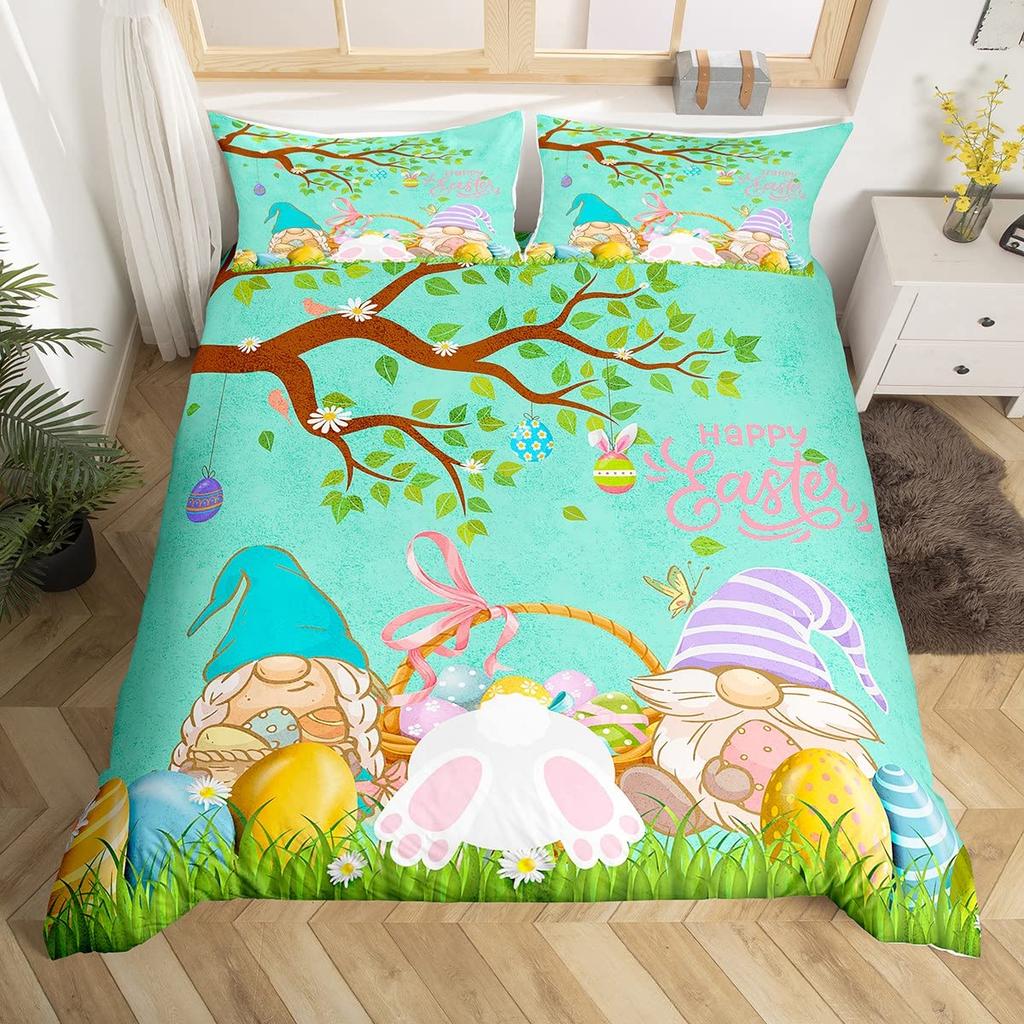 Purple Lavender Dwarf Duvet Cover King Queen Kawaii Cartoon Gnome Bedding Set Spring Flowers Comforter Cover Floral Quilt Cover