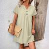 Ladies' Loose Comfortable Casual And Fashionable Summer Solid Color V-neck Tie Buckle Dress