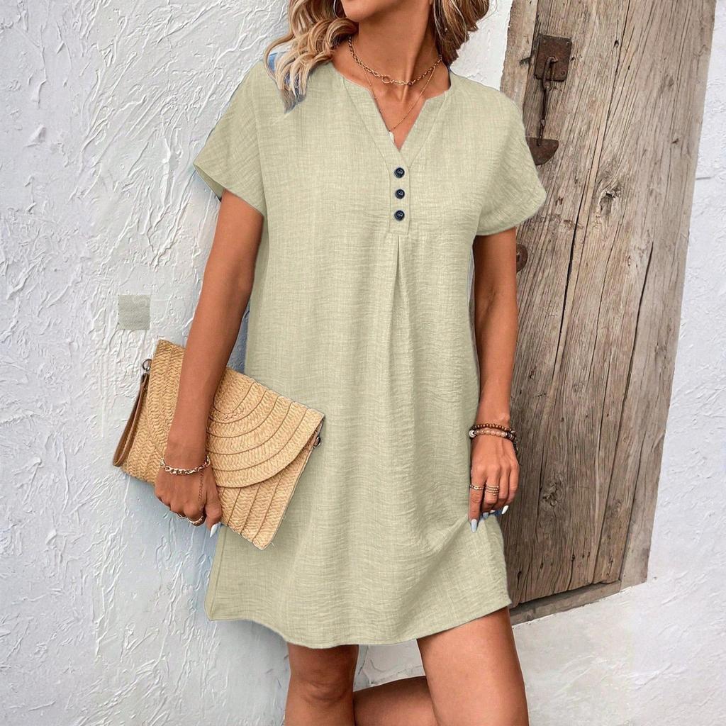 Ladies' Loose Comfortable Casual And Fashionable Summer Solid Color V-neck Tie Buckle Dress