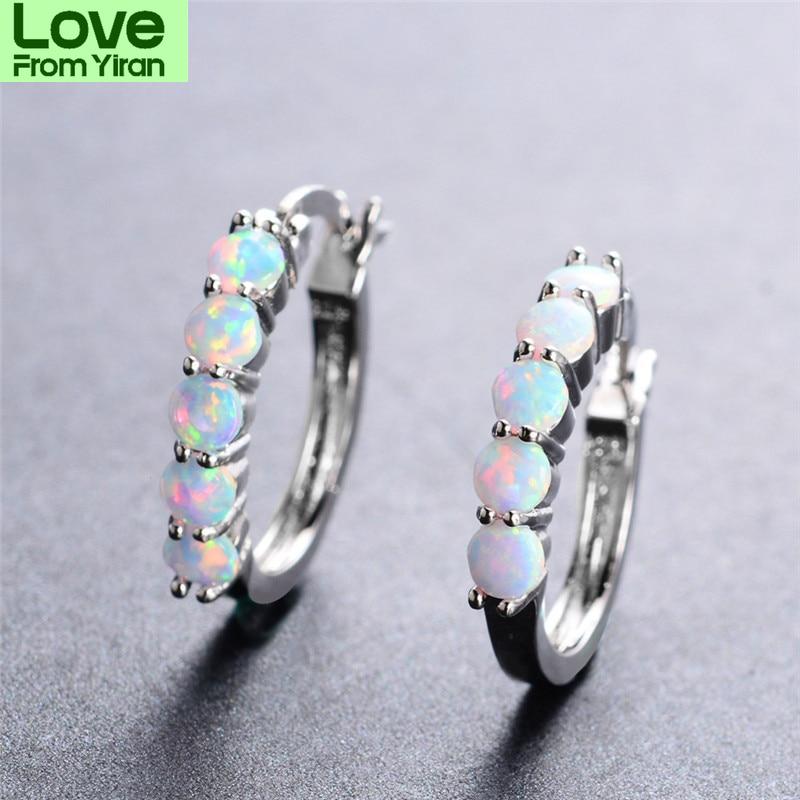 Blaike 925 Sterling Silver Round Hoop Earrings For Women Blue /White Fire Opal Earrings Rainbow Stone Circle Piercing Ear Jewelry