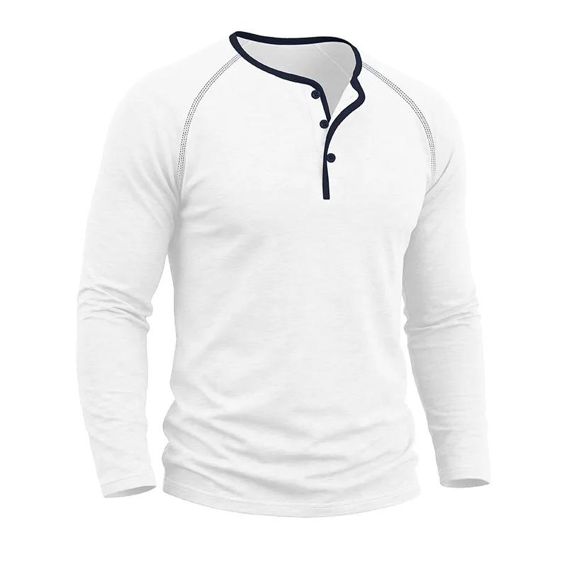 Spring Autumn Men's Cotton Henry Collar T-Shirts American Style Fashion Smart Casual Tees Tops Men Patchwork Breathable Tshirt