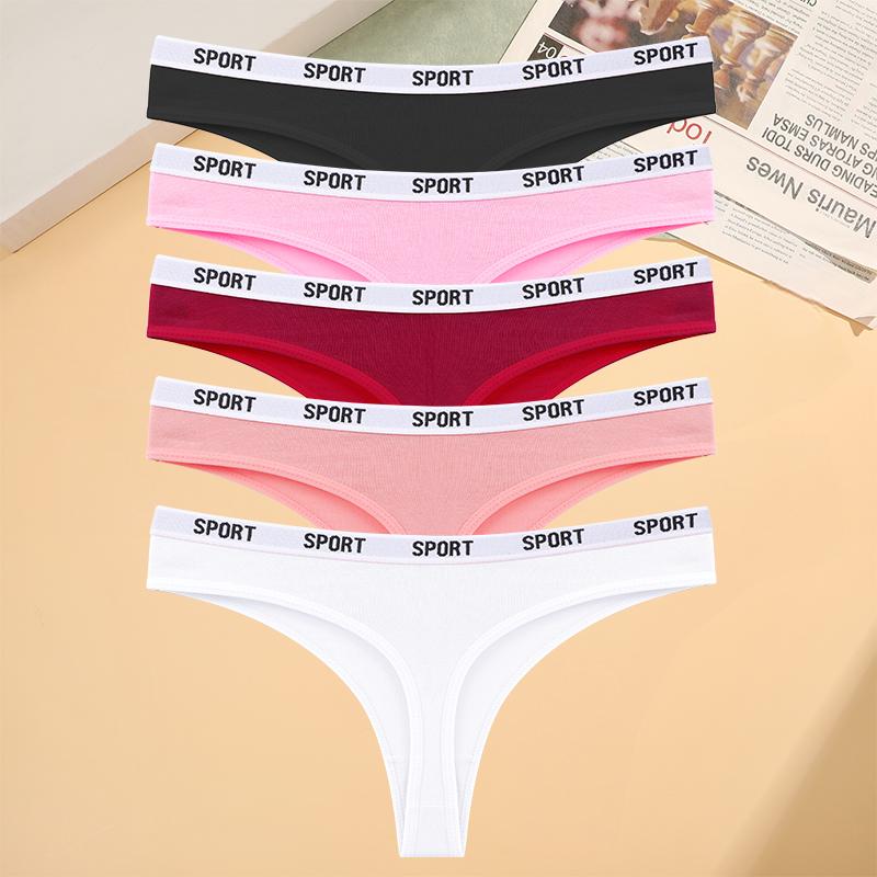 FINETOO 5pcs/Set Sexy G-String Low Waisted Sexy Antibacterial Bag Buttocks Underwear for Women Simple and Comfortable Breathable Letter