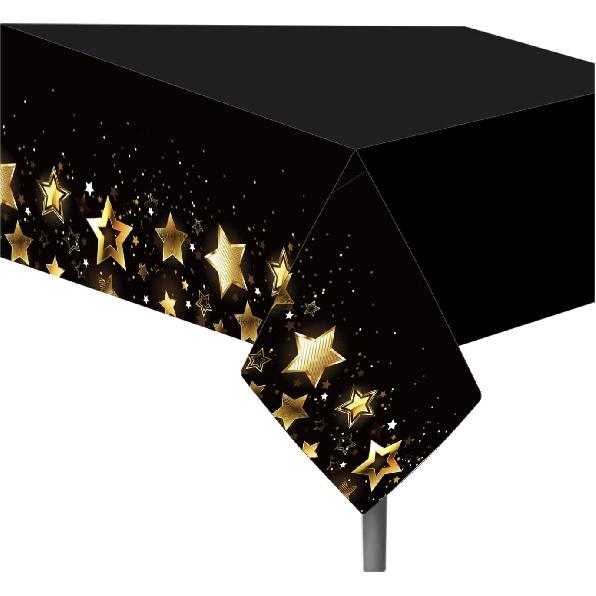 2Pack Black and Gold Tablecloth for Rectangle Tables, Plastic Disposable Star Table Covers for Birthday, Wedding, Anniversary, Picnics, Graduation,