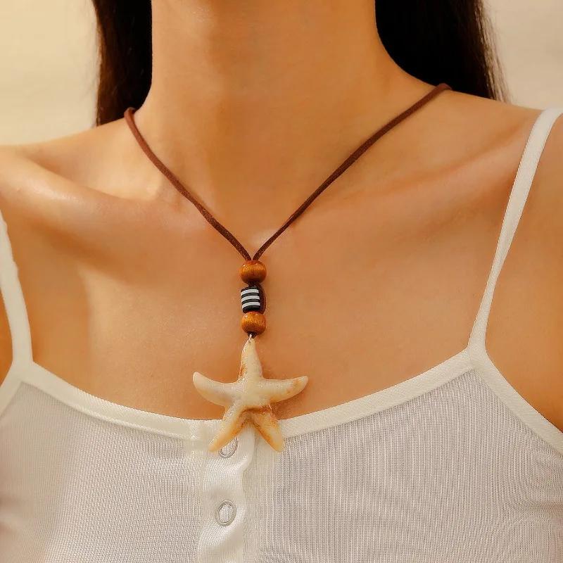 Boho Starfish Pendant Necklace for Women Multiple Ways of Wearing Rope Necklace Y2K Summer Beach Jewelry Gift