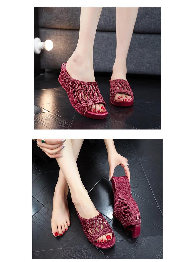 Women's 2025 Fashion High Heel Non-Slip Slippers - Summer Hollow Out, Comfortable, Thick Sole, One-Strap Design for Outdoor Use