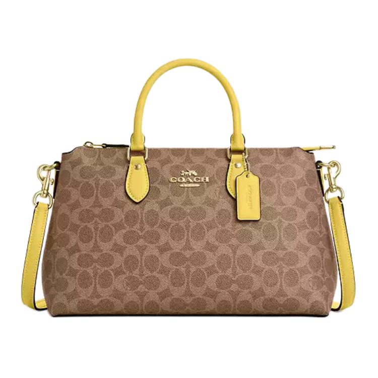 Coach Brown Signature Canvas Yellow Leather Trim Convertible Satchel Handbag for Daily Use Basic Set (Bag+Dust Bag)