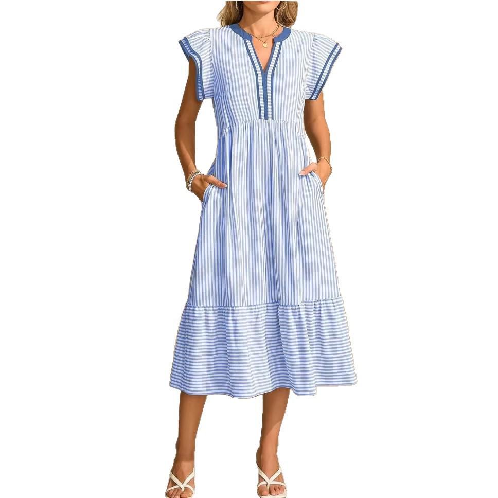 Europäischer & Amerikanischer Stil Damen Gestreiftes V-Ausschnitt Kurzarm Langes Kleid (2026)