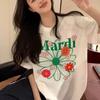 Women's Crew Neck Short Sleeve Cotton Tee Oversized Loose Fit Korean Floral Letter Print Casual Basic Summer Streetwear Tunic Top