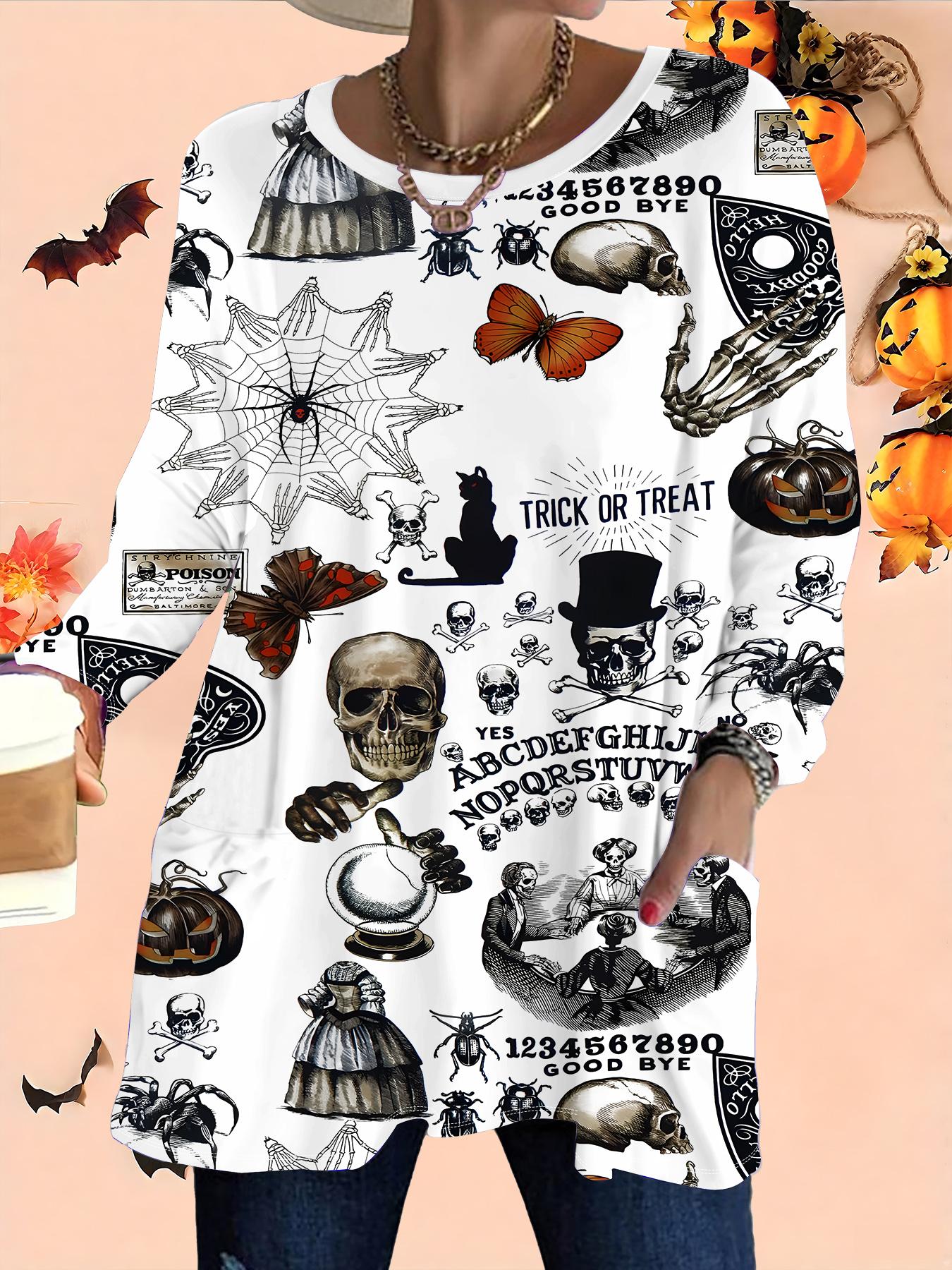 

2025 Осень Зима Новые Женские Топы Большого Размера, Модные Футболки с 3D-принтом на Хэллоуин с Круглым Вырезом и Длинным Рукавом 6XL белый
