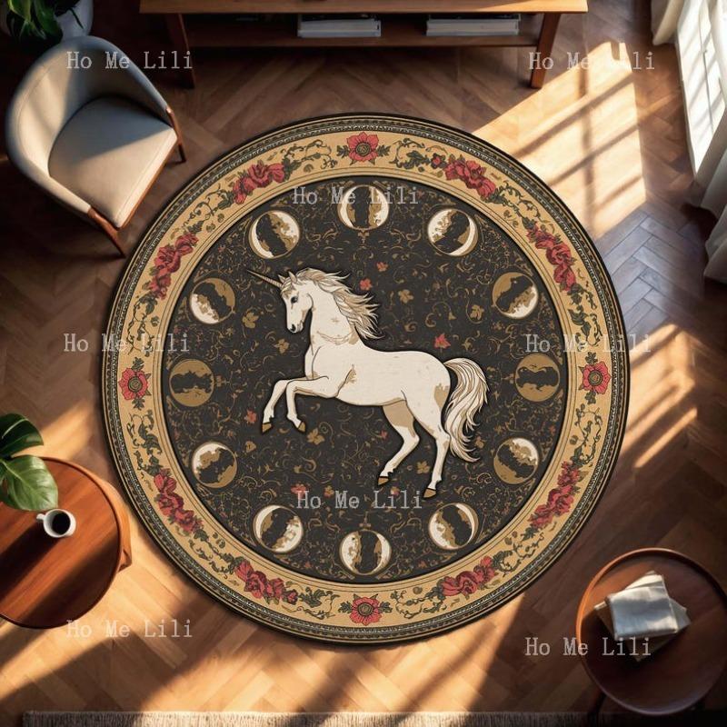 Vintage Unicorn Moon Phases Celestial Boho Area Carpet Mystical Floral Circle For Living Room Round Rug Mat Bedroom Nursery 60X60cm