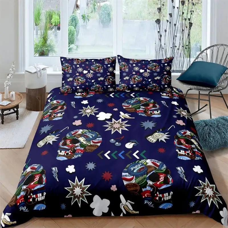 Sugar Skull Duvet Cover Luxury Gothic Skeleton Bedding Set Halloween Theme Floral Comforter Cover Twin Full For Girls Kids Teens