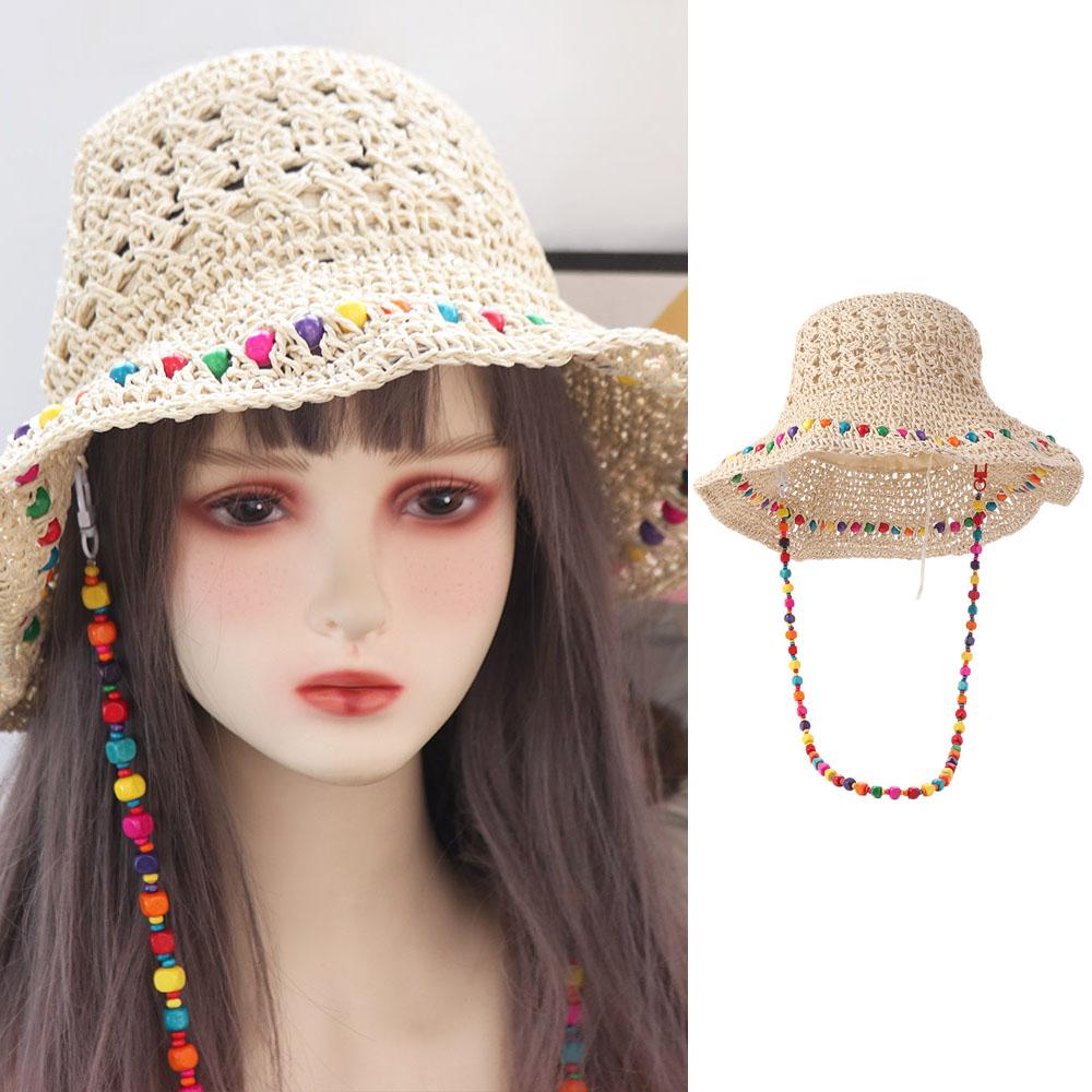 Spring Summer Big Brim Sun Hat Colored Beads UV Protection Cap Fashion Women Straw Hat  Female