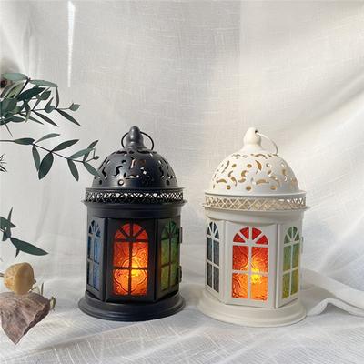 ABKY-Retro Metal Candlestick Colored Glass Aromatherapy Candlestick Decorative Decoration Decorative Iron Wind Lamp