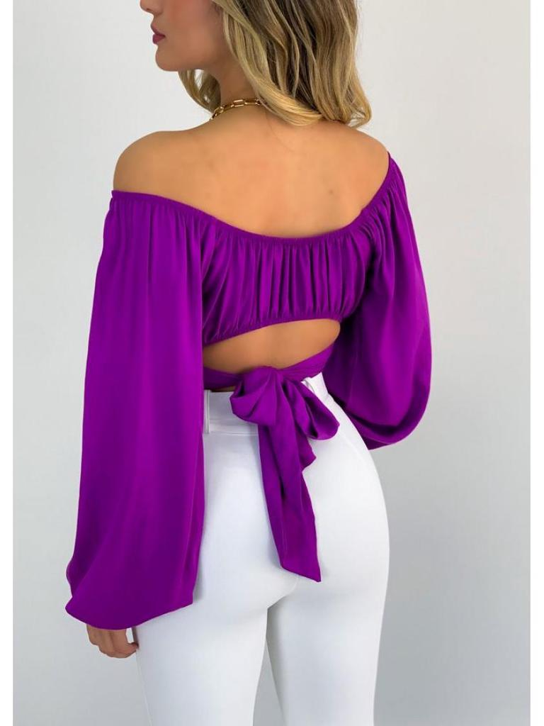 European & American Women's Off-the-Shoulder Lantern Sleeve Crop Top with Lace-Up Design