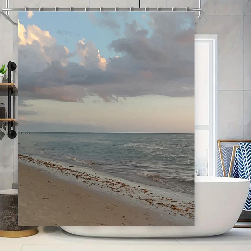 

Beach Shower Curtain Waterproof Bath Mat Decor with Cloudy Sky Seaside Print for Home Decoration in Various Sizes 90x180cm