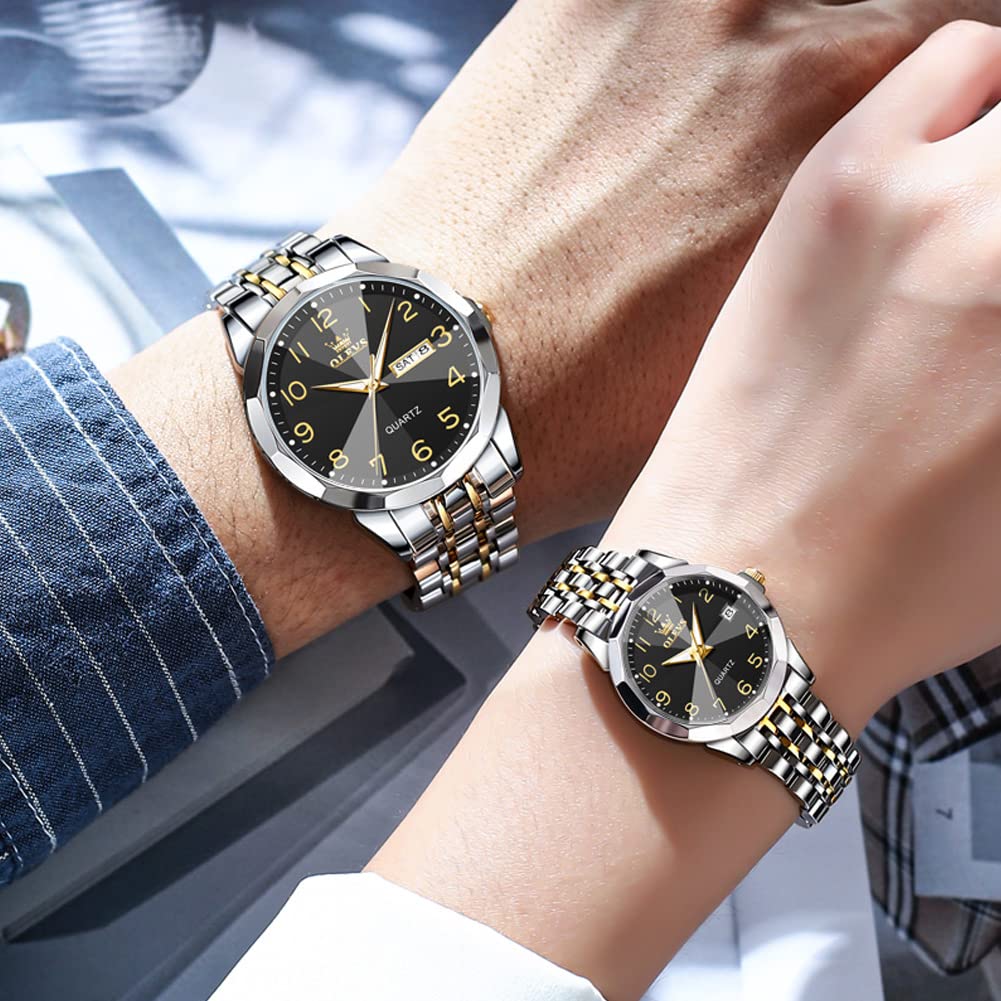 OLEVS Watches Popular Pair Stainless White Gift Pair Watches Couple's - Gift, Watches, Quartz, Stylish, Steel, Easy-to-Read Date, Luminous, & Black,