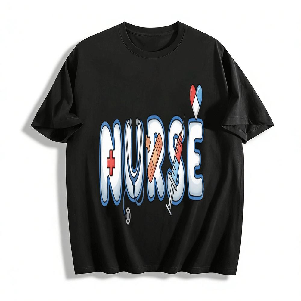 Fun Nurse Themed Print Casual Crewneck Short Sleeve Top Pure cotton T-shirt XXS
