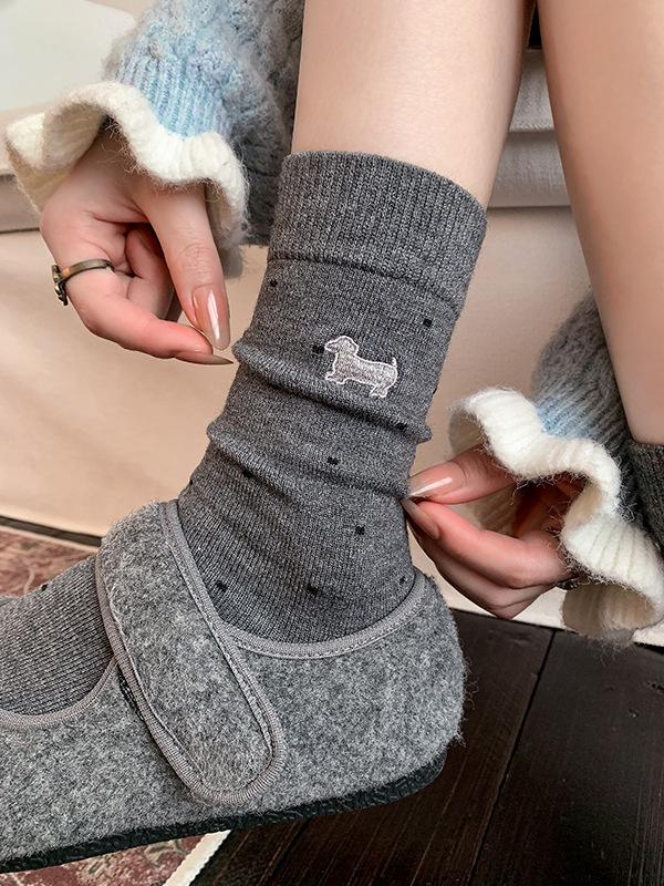 Cashmere Socks For Women Thickened And Warm Zodiac Socks Polka Dot Embroidery Vintage Slimming Pile Socks