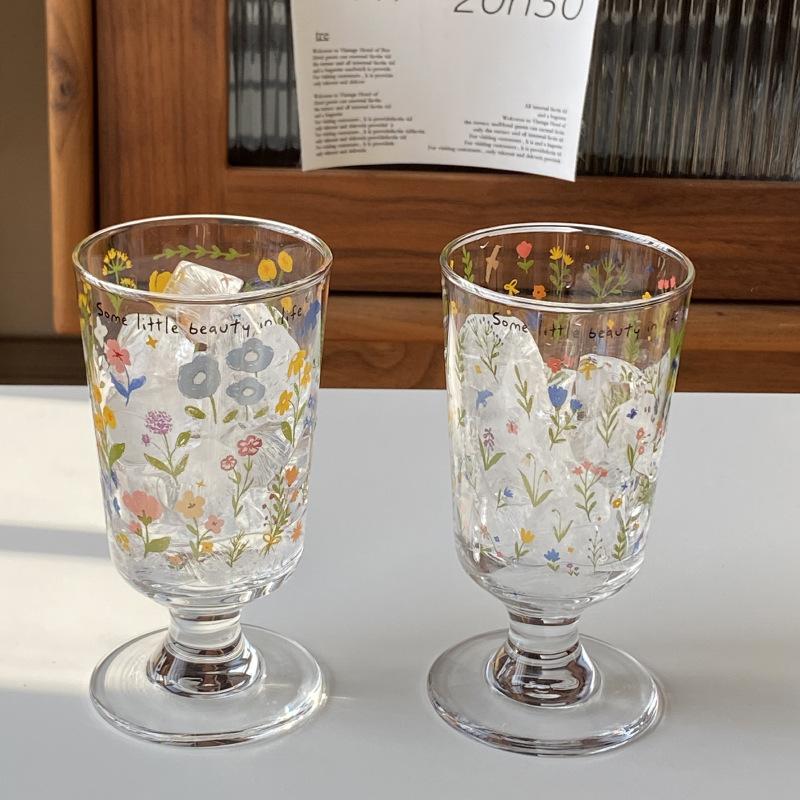 Retro French Romantic Goblet, Spring Flower Glass Dessert Cup, Niche Simple Milk Cup, High Temperature Resistance