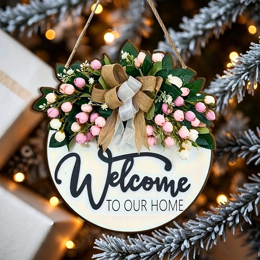 Floral Pattern Wooden Door Sign 2D Flat Hanging Wooden Board Round Doorplate Holiday Decorating