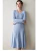 Women's Cashmere V-neck Ribbed A-line Sweater Dress - 2025 Autumn/Winter