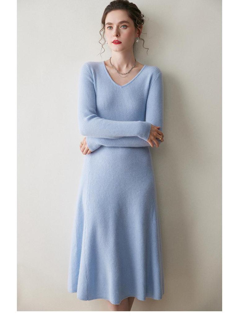 Women's Cashmere V-neck Ribbed A-line Sweater Dress - 2025 Autumn/Winter