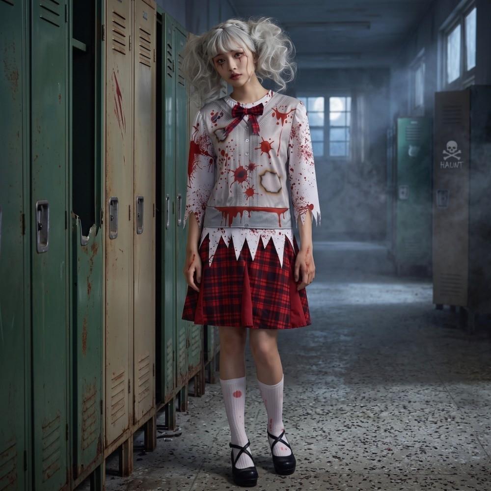 Creepy Halloween Zombie Costume Red Plaid Bloody Dress NPC Zombie Cosplay Costume Halloween