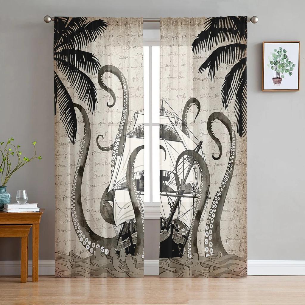 Nautical Octopus Retro Tulle Curtains For Living Room Sheer Curtain For Bedroom Kitchen Blinds Voile Curtains