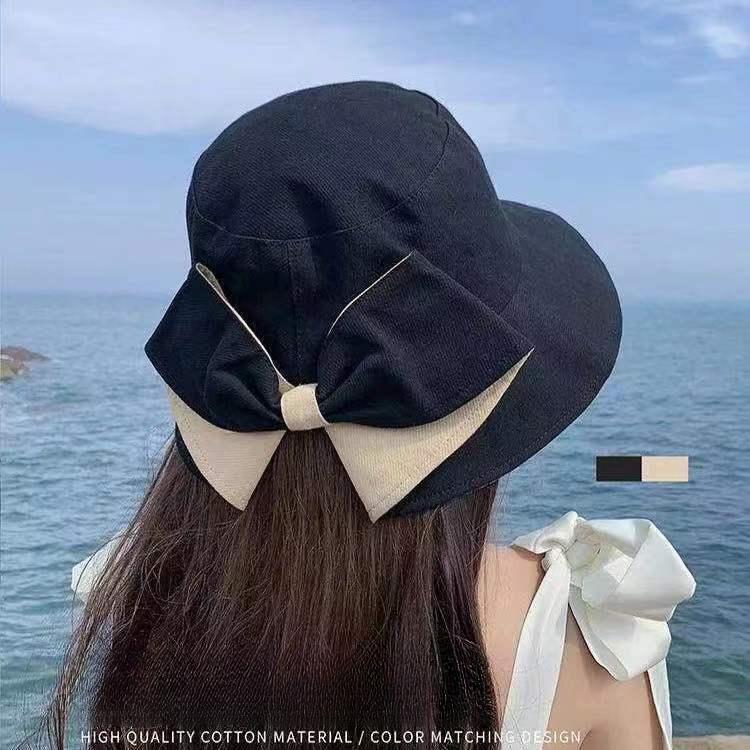 Vielseitiger Eimerhut Damen Frühling und Herbst Reine Baumwolle Hinten geteilte Schleife Mode Lässig Sonnenschutz Sonnenhut Koreanische Version Hut Damen