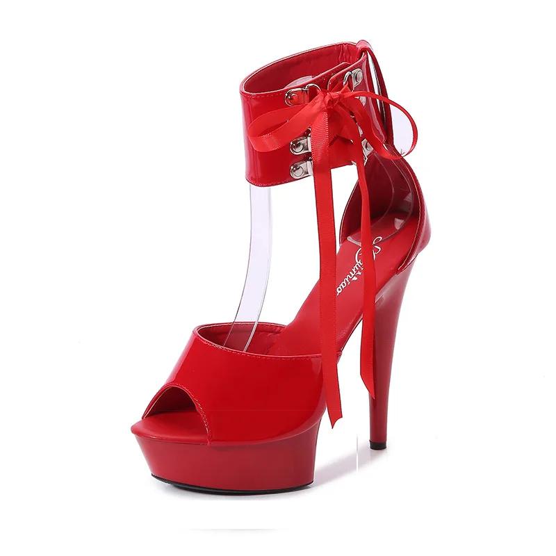 Fashion Walking show model shoes with thin heels sexy black waterproof platform 13CM15cm Hentian high heel sandals female summer