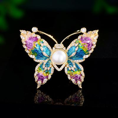 Temperament Enamel Butterfly Brooch High-End Female Luxury Pearl Insect Corsage Niche Design Pin With Jewelry