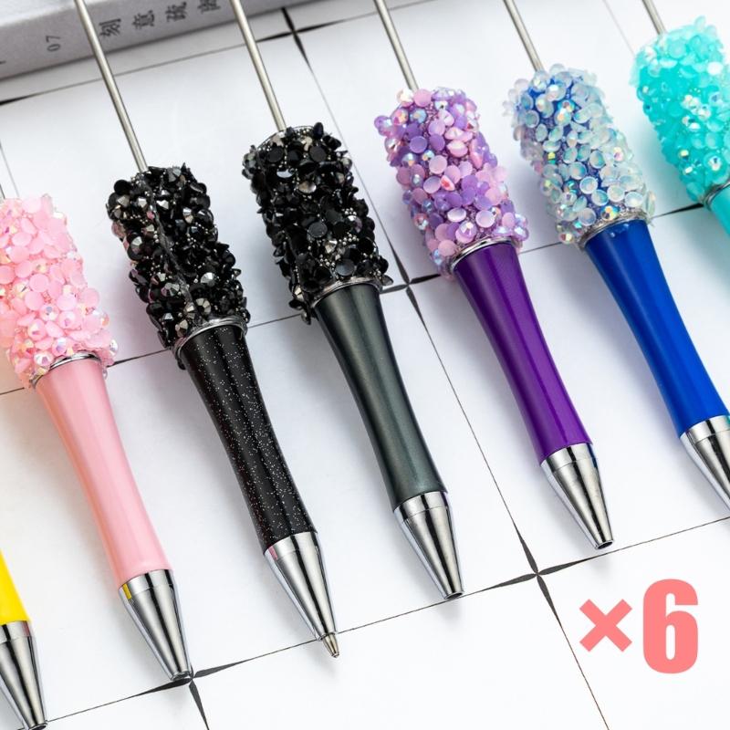 6PCS Sparkling Beadable Pen Ergonomic Grip Ballpoint Pen For Students Adult Daily Writing Journaling Art Craft Project
