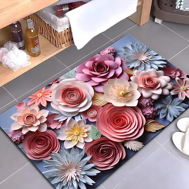 Home Floor Mat With 3D Pattern Non Slip Bath Shower Mat Water Absorbent Mat For Bathroom And Doorway Expandable Flower Rug