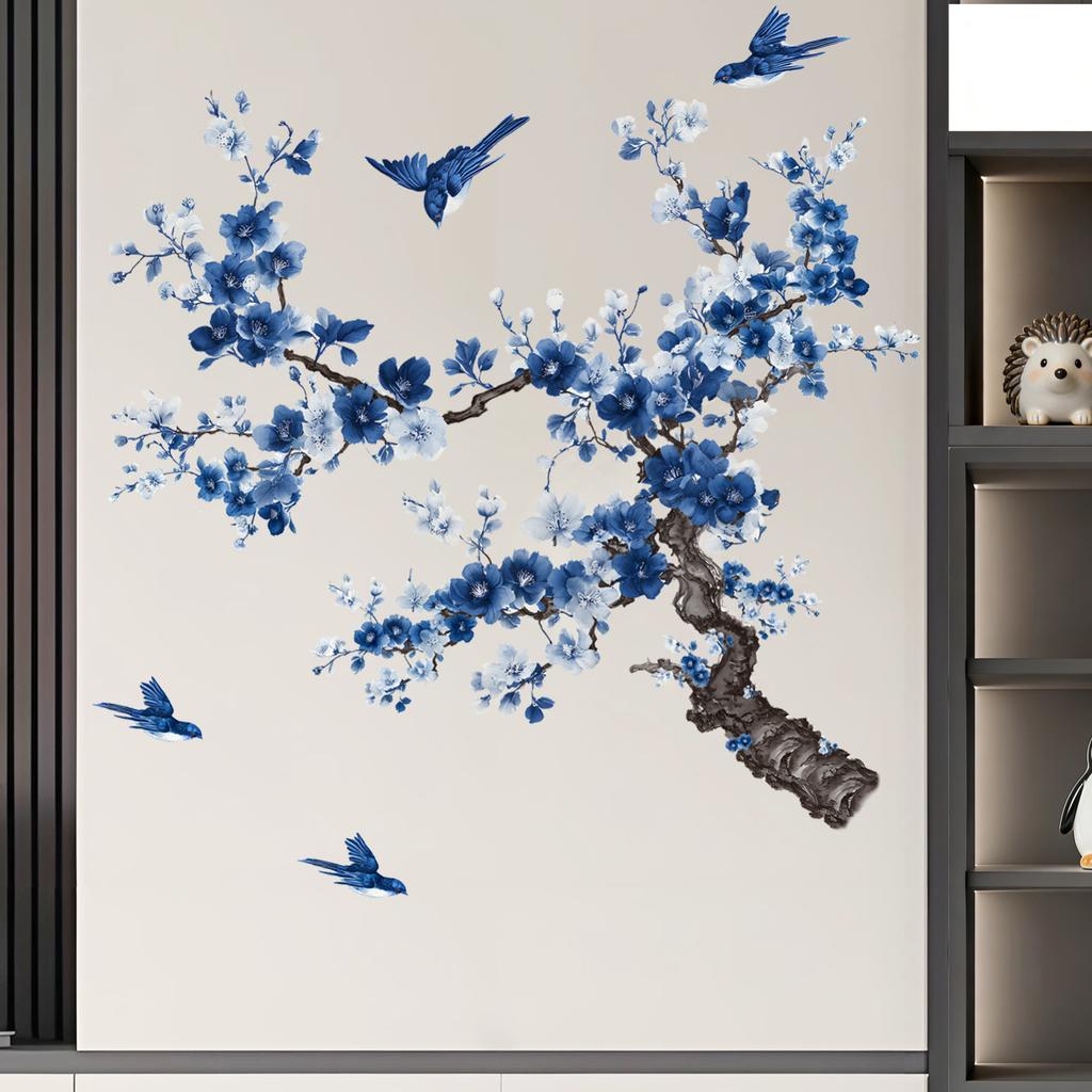 Ramas y Pájaros Pintados de Azul Pegatina de Pared para Decoración del Hogar en Dormitorio Sala de Estar