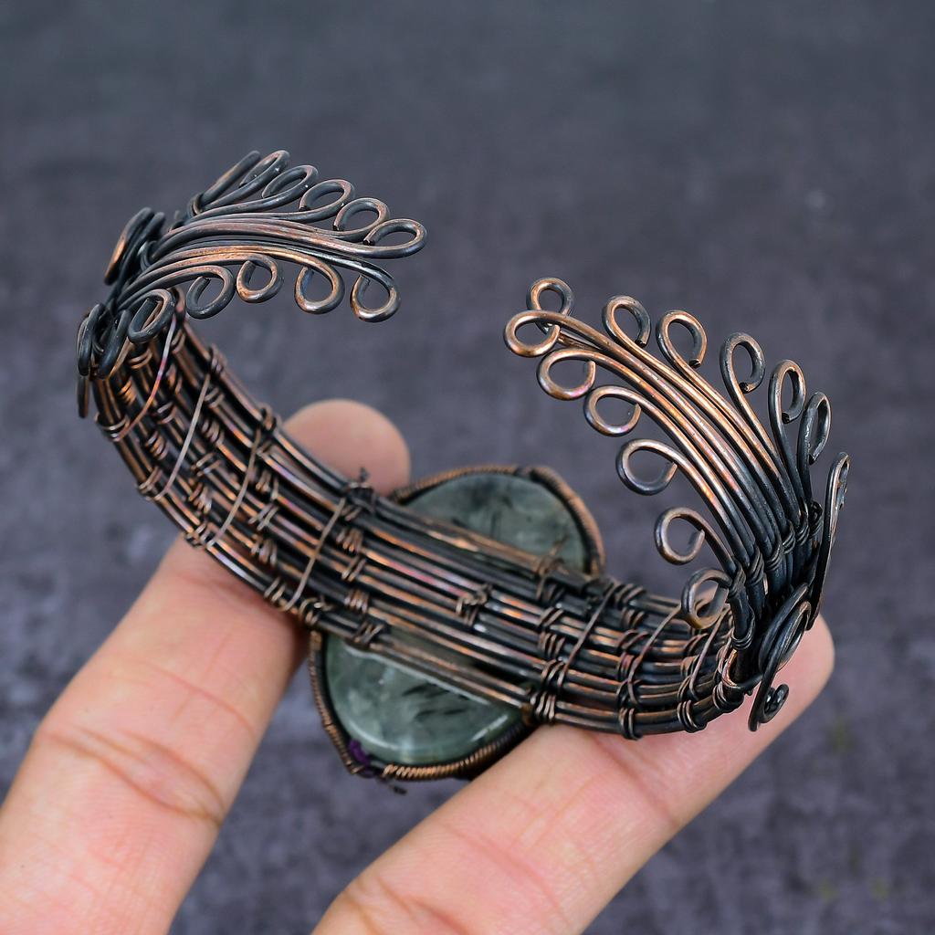 Prehnite Gemstone Handmade Copper Wire Wrap Cuff Bangle Adjustable i6Z56