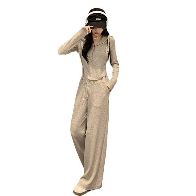 Sports and Casual Hooded Sweatshirt Set for Women, Autumn French Simple Top, Wide-leg Trousers Two-piece Set