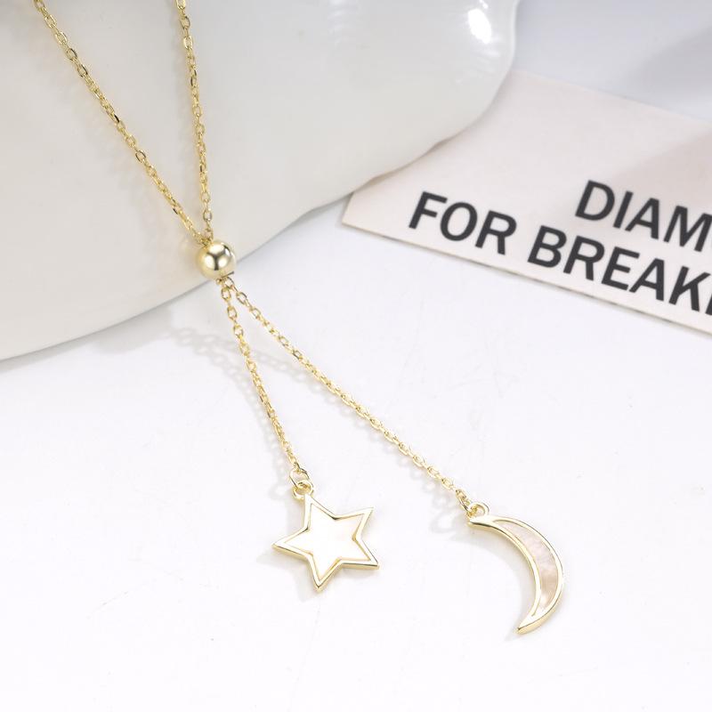 S925 Sterling Silver Moon and Stars Tassel Necklace - High-end, Trendy, Electroplated Design 925 Sterling Silver