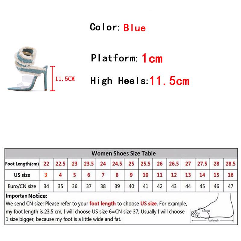 Fashion Liyke 2025 New Design Denim Ankle Snake Surround Strap Sandal Women Transparent PVC Summer High Heels Party Stripper Shoes Pumps