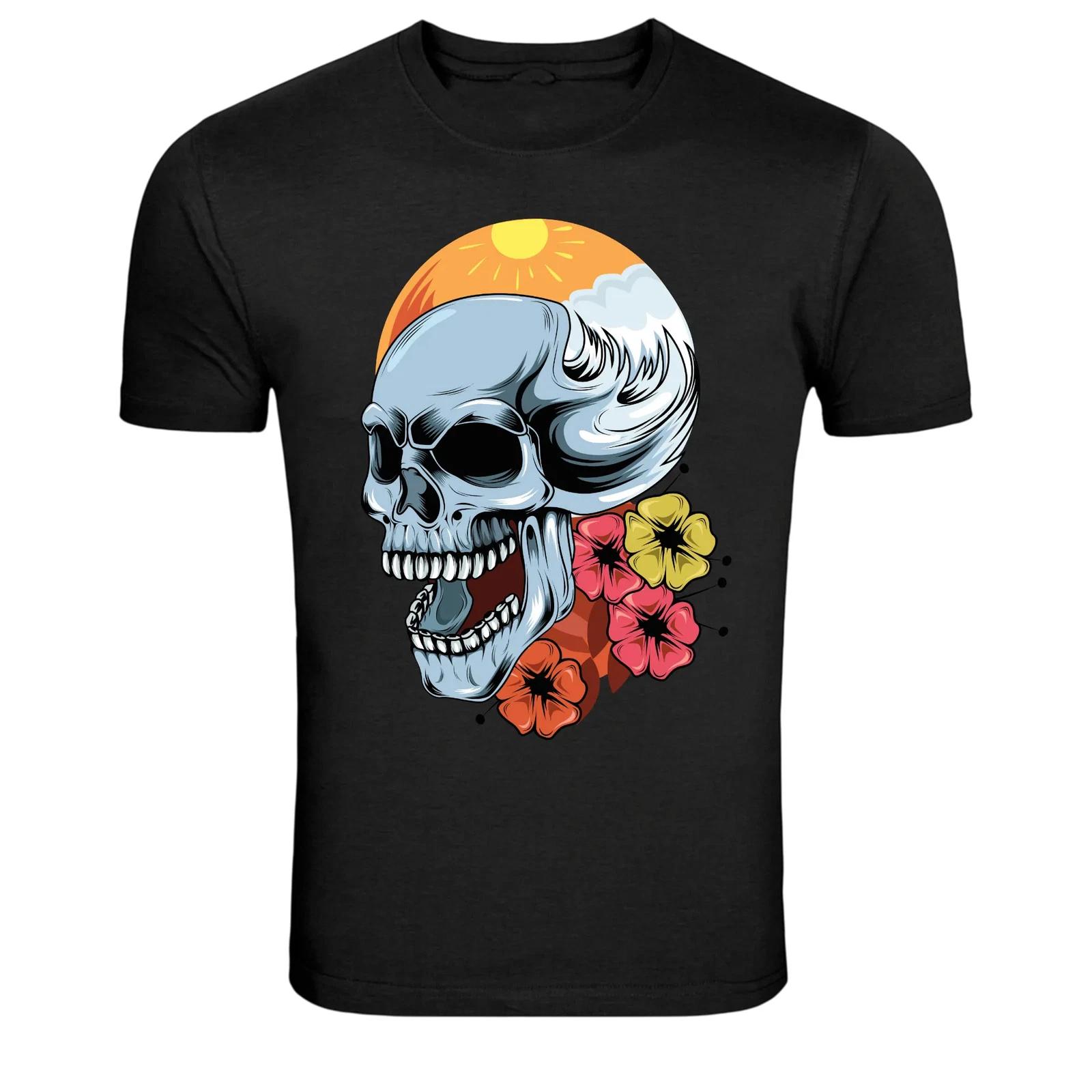 Surf Skull Wave Graphic T-Shirt Beach Summer Skull Flowers Art Tee S