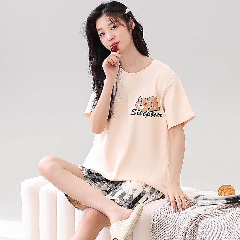 Couple's Summer Cotton Pajama Set: Cute Short Sleeve & Shorts for Women, Wear-Outside Style for Men.