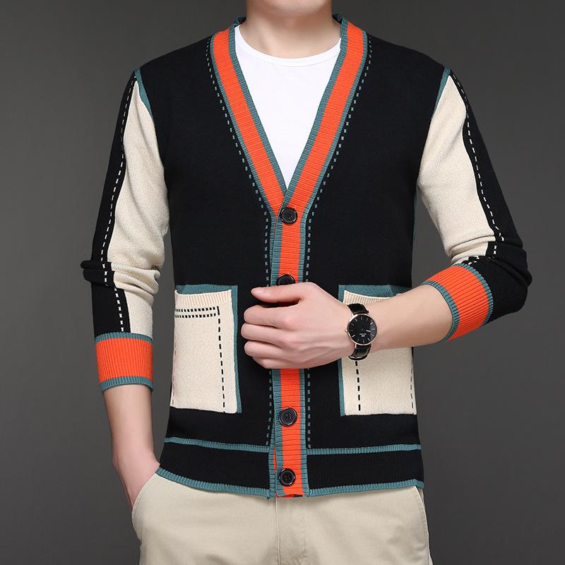 

Spring New Cardigan Men s Fashion Casual Knitwear Matching Color Long Sleeve Top Korean Version of The Trend Men s Wear 4XL