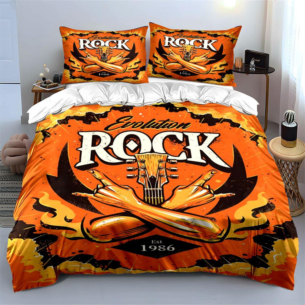 Guitar, flames, "Rock" text. Bedding sets Duvet cover sets Duvet covers Pillowcases(1 * Duvet Cover 2 * Pillowcases without duvet insert)