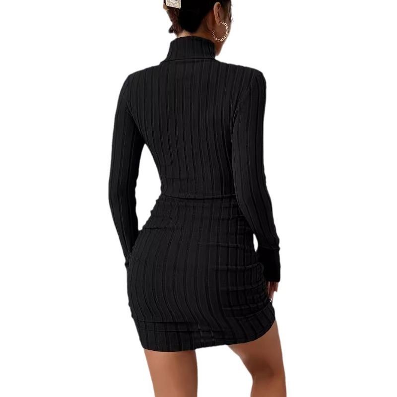 Mode Rollkragen Damen Strick Kurzkleid Herbst und Winter Neu Langarm Rippstrick Hüftbetont Lässige Partykleider Bodycon Schlichte Kleidung 2708
