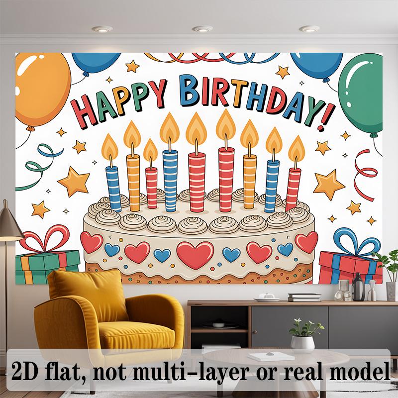Balloons Candles Birthday Banner, Stars Gifts Backdrop Wall Decor for Party