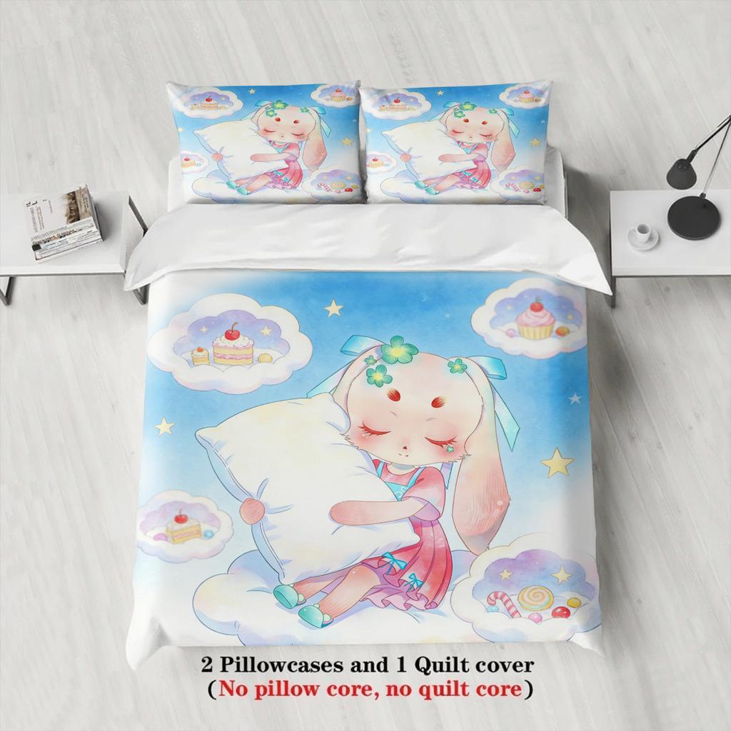 Softville Cozy Town 3PC Bedding Sets Lop Rabbit Snuggling a Cloud Pill Pint Duvet Cover No Filling Cartoon Style Queen King Size