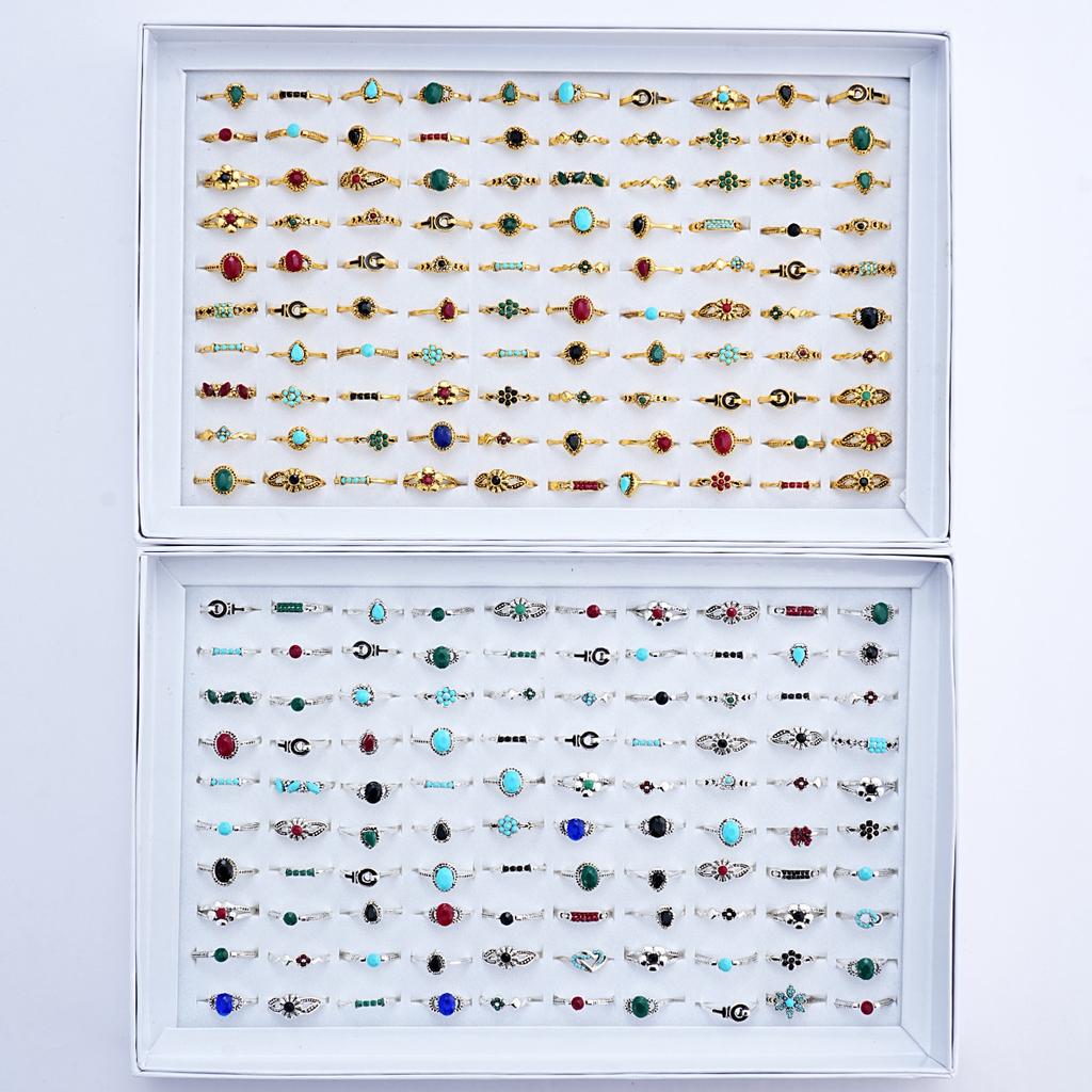 10Pcs Retro women's ring. Various styles of colored stone rings. Turquoise ring.