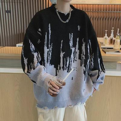 Men's Tie-dye Hole Sweater: Round Neck, Loose Fit, Street Style for Autumn/Winter