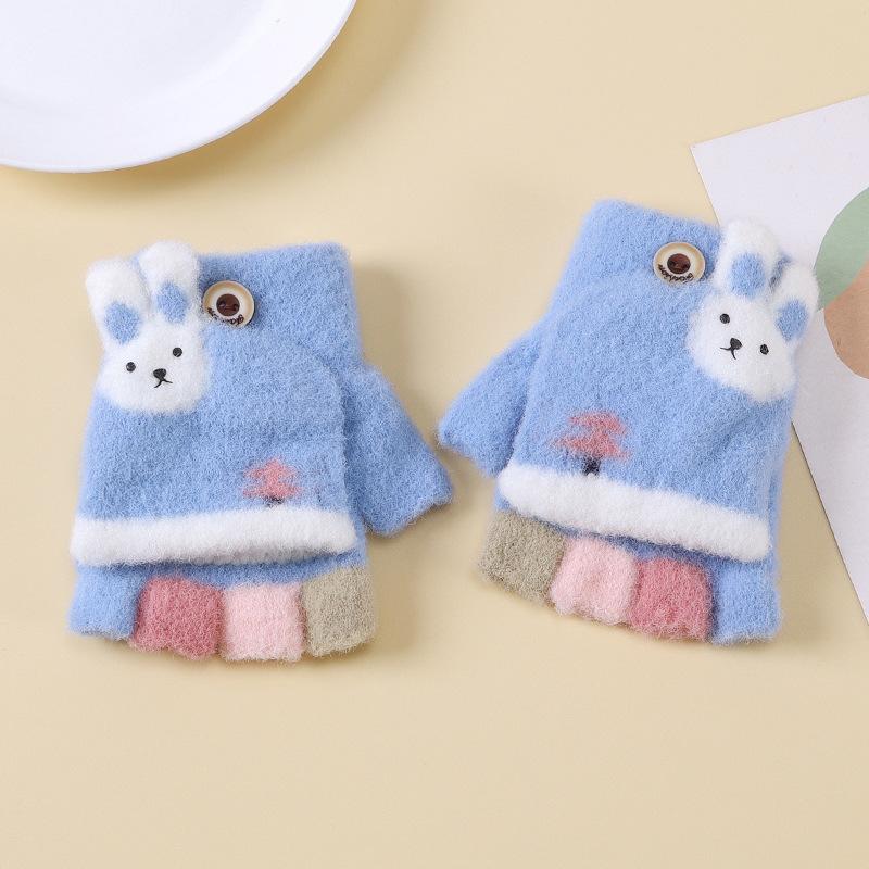 Children's Flip Half Finger Gloves In Autumn and Winter Baby Children's Warmth Plus Velvet Finger Writing Gloves Thick Knitted Gloves