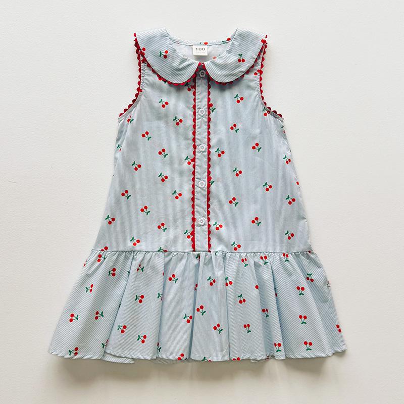 French Cherry Print Dolls Collar Lace Summer Pinafore Dress for Girls